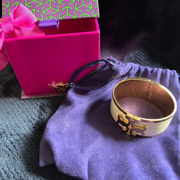 TORY BURCH Metallic Enamel Raised Logo Wide Cuff Bracelet - Original Bag and Box - Picture 2 of 6